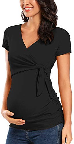 Love2Mi Donne maternità Allattamento Top Manica Lunga Scollo a V Carino Premaman Vestiti, Nero-Corto, XL
