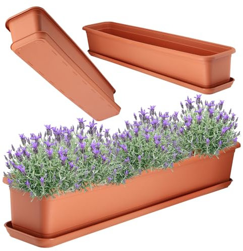 KADAX Jardinière 80 cm en terre cuite avec soucoupe pour balcon en plastique pour intérieur et extérieur pour balcon, terrasse, rebord de fenêtre