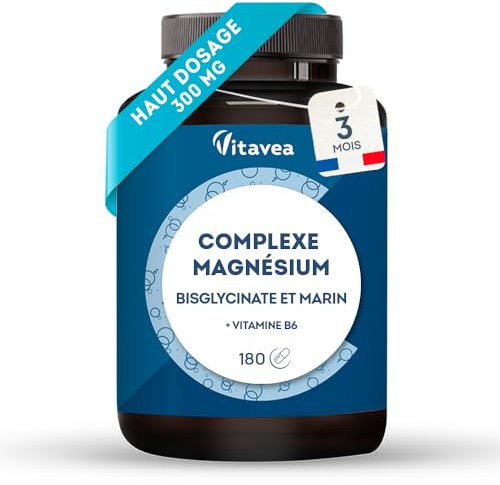 Magnesio Bisglicinato - Magnesio Completo - Integratore per Stress, Affaticamento e Crampi Muscolari - Con Vitamina B6 - 300 mg per Dose Giornaliera - Capsule Vegetali 180 - 3 Mesi - Vitavea