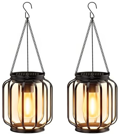 BUCASA Lanterne Solari da Esterno, 2 Pezzi Metallo Lampada Solare da Giardino con Lampadina LED, IP65 Impermeabile Luci Solari Decorazione Giardino per Terrazza Prato Balcone (Cilindrico nero, 2)