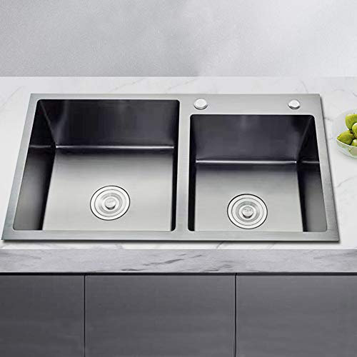 78x43x22cm Waschbecken Doppelwaschbecken Küche Schwarz Doppelspüle Edelstahl Eckig Küchenspüle, Mit Drainer Und Seifenspender, Anti-Kondensation Beschichtung