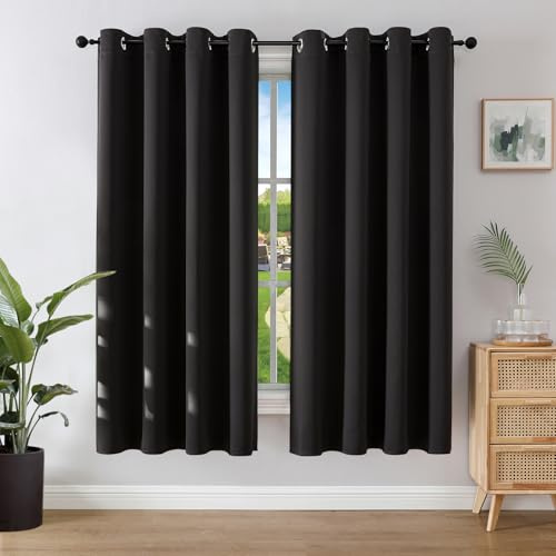 Joydeco Blackout Curtains for Bedroom 55 x 68 Inch, Eyelet Thermal Insulated Energy-saving Drapes for Room Darkening Light Filtering, Long Window Treatments 68 Inch Drop, 2 Panels - Black