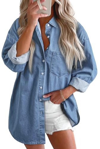 Astylish Womens Blouses and Tops Dressy Denim Shacket Shirt V Neck Versatile Long Sleeve Button Down Cowboy Jacket Beau Blue Small