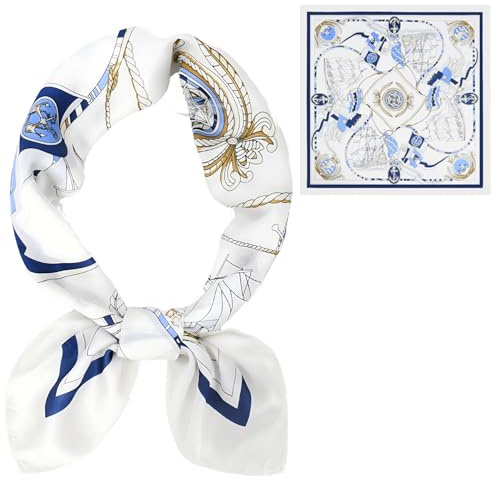 JYJLLM 1 pieces Four leaf clover silk scarf for women uk，Large Square Satin Headscarves Hair Scarves，Silk Accessories Classic Patterned Squares Beach Bandanas for Women (White sailboat)
