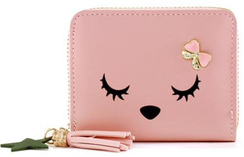 PRAOFRT Kinder Geldbeutel, Geldbeutel Mädchen, PU Leder Mini Geldbörse mit Quaste, Reißverschluss, Wasserbeständig, Cartoon Pink