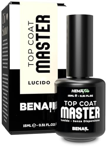 Benail Top Coat Master 15ml | Top Coat Senza Dispersione, HEMA Free, TPO Free, Extra Lucido, Autolivellante, Smalto Gel Unghie UV, Ricostruzione Gel Acrygel Acrilico. Made in Italy