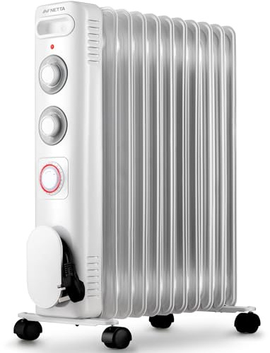 NETTA Oil Filled Radiator 2500W Electric Heater, 24H Timer, Silent - White | Adjustable Thermostat, Energy Efficient Heating, 24 Hour Timer, 3 Heat Settings, 11-Fin, Tip-Over & Overheat Protection