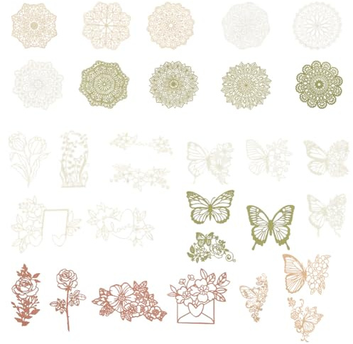 GORGECRAFT 30 pz 3 Stili Carta Decorativa in Pizzo Vintage Arte Floreale Rosa Farfalla Rotondo Boho Pizzo Cavo Ritagli per Scrapbooking Diario Spazzatura Pianificatori Album Decoupage Creazione