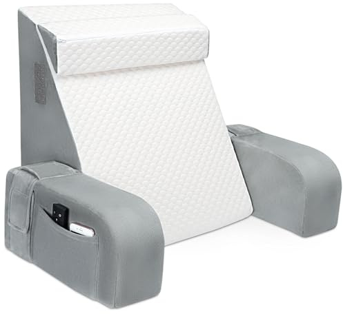 Reading Pillow, Bed Rest Pillow with Neck Roll & Detachable Arm Support, Adult Backrest with Washable Cover, Adult Back Cushion Sitting in Bed, Couch or Floor for Watching TV/Gaming (White+Grey)