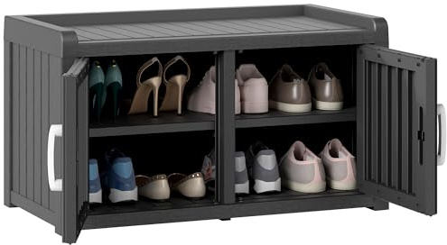 NBYSGO 2-Tier Storage Bench, Waterproof UV-Resistant Outdoor Shoe Storage Cabinet with 2 Doors & Adjustable Shelves for Indoor Outdoor Entryway, Hallway, Living Room (Black)