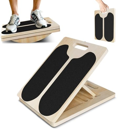 FitinOne 2-in-1 Wooden Balance Board & Slant Board, 5 Position Adjustable Incline Board and Calf Stretcher, Portable Side-Handle Design, Non-Slip Balance Board for Home, Gym, Outdoor Use