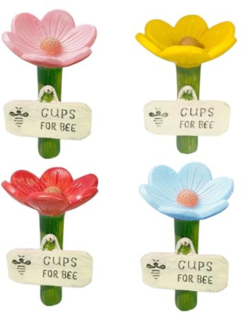 Bee Watering Station | Cups for Bees | 4 Colorful Flower Shaped Bee Feeder Drinking Cups | Bees Hotel | Flower Butterfly Watering Station | Hexapod Hydration Spots for Yard, Lawn, Patio Decor