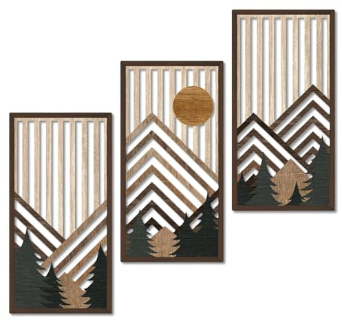 Putuo Decor Set 3 Cuadros Pared montaña geométrica Negro Beige Dorado, Paisaje Moderno líneas Verticales, Marco Efecto Madera, Estilo nórdico contemporáneo, salón Dormitorio Oficina