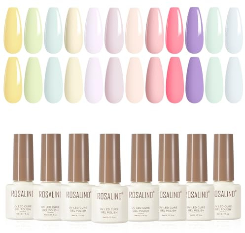 ROSALIND UV-nagellack, 12 stycken, makarongul – grön – blå – rosa | Pastell gel nagellack set vår sommar, blötläggning UV LED färggel gelnaglar för nagel manikyr gel nagellack present