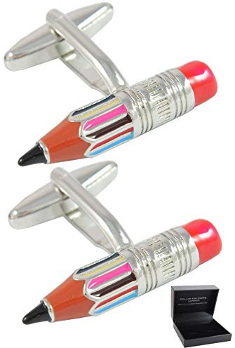 COLLAR AND CUFFS LONDON Gemelli Camicia Uomo Insegnante - con Scatola - Ottone - Matita - Colori Rosso e Argento - Ingegnere Scuola Arte Artista Schizzo Architetto - Un Paio