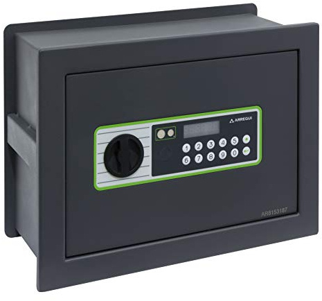 Arregui 241120 Fuerte de empotrar a Pared con Cerradura de codigo electronico | Caja de Seguridad para casa y hogar | Fundo Extensible | Fácil de Instalar | 26 x 36 x 15/25 cm, Dark Grey Red