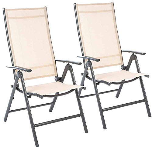 BAKAJI Set 2 Sedie Pieghevoli Struttura in Alluminio Schienale Reclinabile con Braccioli e Rivestimento Texilene per Campeggio Spiaggia Giardino (Beige)