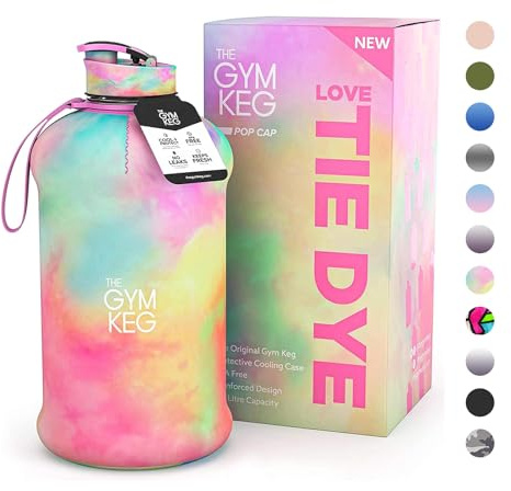 The Gym Keg Official Sports 2L Water Bottle (2.2 L) Insulated Sleeve - Carry Handle - Fitness, Exercise, Large Gym 2 litre Water Bottle - 40% Thicker Plastic (Love Tie Dye)
