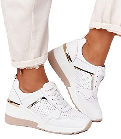 Gereton Chaussures De Marche Pour Femmes Baskets À Talon Compensé Et Semelle Épaisse Athlétiques Course Décontractées En Maille Respirante Le Tennis, La Gym, Pied Blanc 42 EU