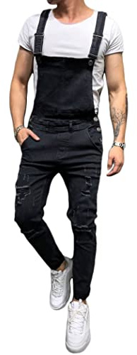 ORANDESIGNE Salopette da Uomo in Denim Salopette da Uomo Jeans Pagliaccetti con Bretelle Pantaloni Larghi da Lavoro Cargo Pagliaccetti Tute F Nero L