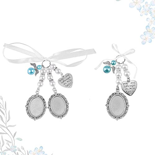 VCRANONR 2 Stück Brautstrauss Anhänger Foto mit 3 Stück Ovalen Glascabochons Anhänger Brautstrauß mit Schleifenknoten Hochzeitsstrauß Foto Charm im Herzstil für die Brautparty Brautstrauß Charm Foto