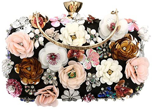 LUMoony 1 st damers brud clutch blommor handväska vintage handgjord plånbok handtag väska crossbody bag med kedja för bröllop bal fest, svart, 20 EU
