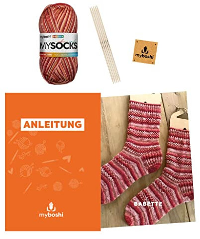 myboshi Strickset Socken Babette, inkl. mysocks Sockenwolle, Nadelspiel, Anleitung Label in Lederoptik, 75% Schurwolle, 25% Polyamid, Rot (Knudsen) mit Nadelspiel