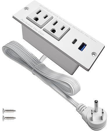 USB C Recessed Power Strip Fast Charge Desktop Power Station 2 Outlets 2 USB (PD20W & QC18W, Total 20W) Mountable Flat Plug Extension Cord Mount for Tabletop Sofa Cabinet Nightstand (USB C White)