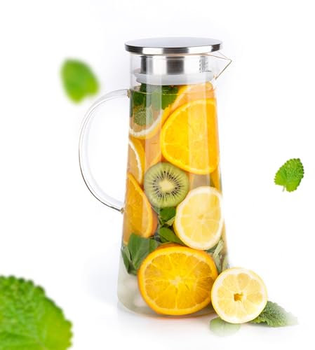 Carafe Mêzon en Verre Transparent - Couvercle avec Filtre, Adapté au Frigo, Multi-Températures, Pichet Élégant pour Thé Glacé, Jus, Sangria - 1500ml