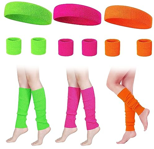 FCXQG Cinta y Muñequeras Disfraz 15pcs Pierna de Color Neón Muñequeras Rosa Verde 80s Accesorios Disfraces Calentadores Piernas Diadema Correr Naranja Amarillo Gym Deportes Bandas Pelo