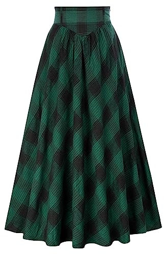 Weihnachten Mittelalter Rock Rockabilly Swing mit Taschen Winter Plaid Skirt Schwarz Grün Plaid S