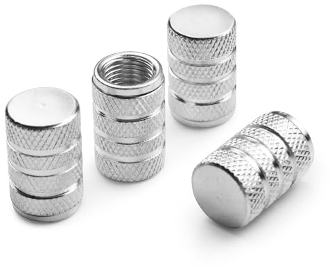 Pitlane Performance® Cappucci valvola in alluminio set da 4 – Tappi per valvole Schrader – Per auto, SUV, moto e bici (Argento, Comfort)