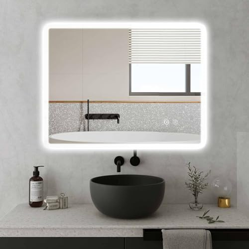 SaniteModar Specchio Bagno LED 50x70 cm - Specchio Bagno con Luce, Antiappannamento, 3 Colori e Luminosità Regolabile, Installazione Verticale/Orizzontale, IP44 Impermeabile