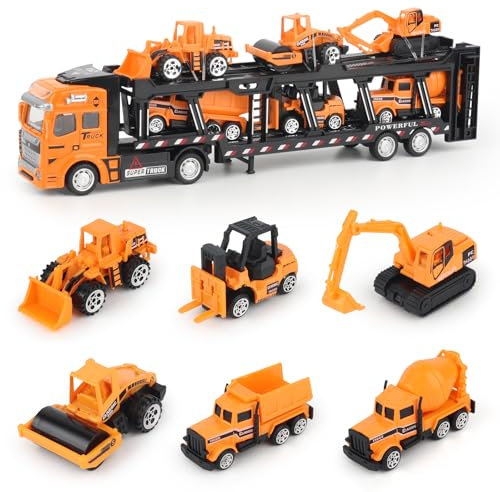 Mineup Jouet de Véhicules de Chantier 7 en 1 - Transporteur, Engins de Construction, Mini Véhicules pour Enfant 3 Ans - Cadeau