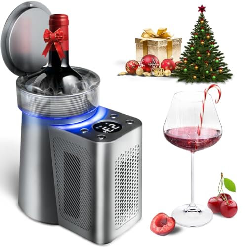 Raffreddatore per vino elettrico, refrigeratore per bottiglie di vino portatile per vino da 750 ml, refrigeratore per vino a bottiglia singola con luci a LED e display digitale della temperatura