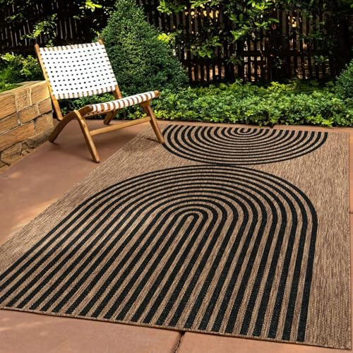 Taracarpet In & Outdoor Teppich Wetterfest Wohnzimmer Balkon Küchenteppich Terrassenteppich Flachgewebe Sisaloptik mit Muster Boho Kreise schwarz 160x220 cm