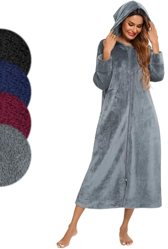 Figarge Peignoir long en flanelle pour homme et femme avec fermeture éclair et capuche, poches avant, peignoir de sauna, gris foncé, XXL