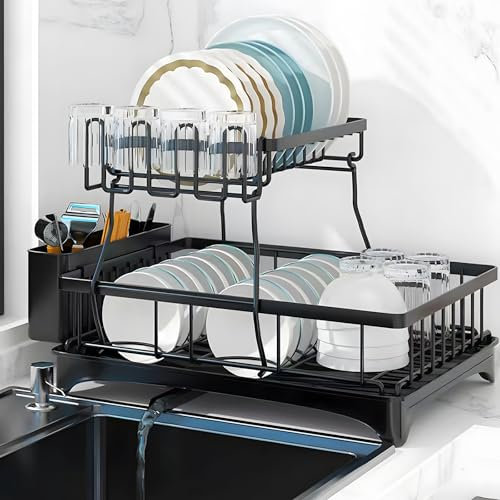 OUUTMEE Égouttoir à Vaisselle à 2 Niveaux, égouttoir à Vaisselle de Cuisine en Acier Inoxydable avec Porte-gobelet, égouttoir à Vaisselle antibactérien (Noir)