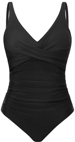CMTOP Women's One-Piece Swimsuits V Neck Halter Swimming Costume Women Tummy Control Swimwear, Ruched Bathing Suit, Padded Push-Up Ladies Swimsuit for Beach,Pool,Spas(Black,M)