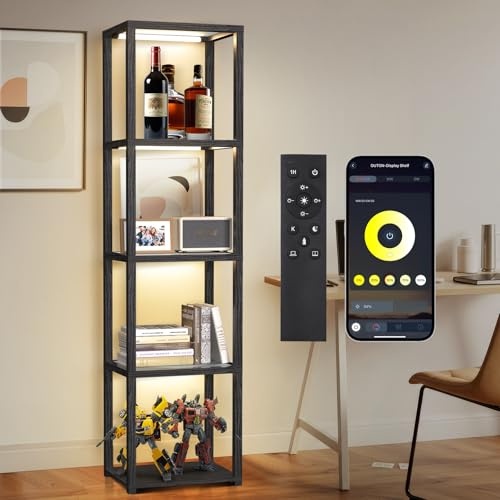 OUTON 170cm Vetrina in Vetro con Luci, Lampada da Terra a LED Dimmerabile con Telecomando e Controllo via App, Libreria Aperta per Oggetti da Collezione per Soggiorno e Camera da Letto, Nera