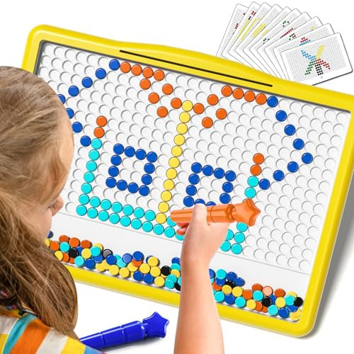 BLmukce Large Magnetic Drawing Board for Kids, Toddler Doodle Board with 200 Beads, 2 Pens & 20 Pattern Booklets, Montessori Dot Art Travel Toy, Educational Preschool Toys for 4 5 6 Years (Yellow)