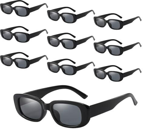 POPAPIE Lot de 10 Rectangulaire Lunettes de Soleil,Protection UV375 Lunettes de Soleil,Tendance Rétro Mode Lunettes pour Femme et Homme,pour Conduite Pêche Shopping Voyages (Noir)