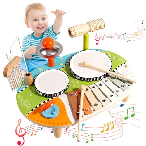 Beafaoo 9 in 1 Baby Drum Kit, Kids Drum Set, Wooden Musical Instruments for 1 year olds, Xylophone & Sticks & Glockenspiel for Toddlers 1st Birthday for Boys Girls Music Toys