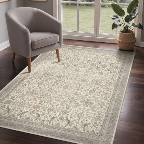 GENIMO Tappeto Morbido a Pelo Corto, 120x170 cm, Antiscivolo e Lavabile in Lavatrice, Stile Boho Vintage, Elegante per Camera da Letto, Studio, Ingresso, Sala da Pranzo, Colore Beige Vintage