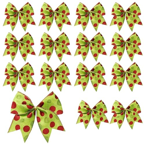 DXPETA Grinch Christmas Tree Decorations, 15 Green Bows with Red Accents, Festive Grinch Themed, Plastic, Resin, Traditional Style, Christmas Occasion