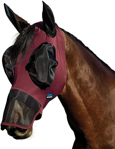 WeatherBeeta ComFiTec Luxe Stretch Fly Mask with Ears & Nose, Burgundy/Black, Large