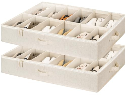 StorageWorks Schuhaufbewahrung für Schrank, für bis zu 24 Paare, Stoff Aufbewahrungsbox Unterbett mit verstellbaren Trennwänden, Schuhkasten für unter das Bett, beige (Baumwolle-Leinen), 2 Stück