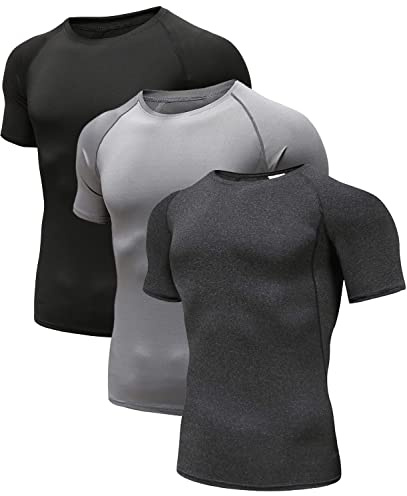 Holure Maglie Compressione Uomo Maglietta Palestra a Manica Corta T-Shirt per Correre Ciclismo (3 Pezzi) Nero/Grigio/Carbone Nero 05-M