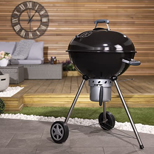 CHARLES BENTLEY 21 Premium Charcoal Kettle BBQ With Ash Box, Bakelite Handle, Built In Thermometer, For Family And Friends, Parties, Made With Enamel Coated Steel In Black (105x70cm)