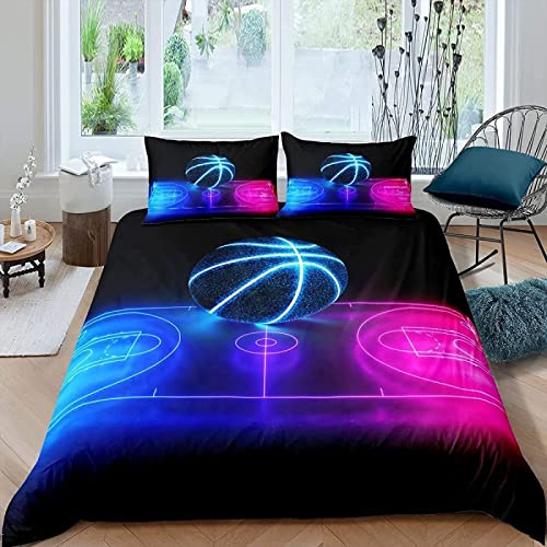 igyhuij Housse de Couette 220x240 Ballon de Basket coloré Bleu Violet Imprimée Microfibre Parure de Lit Adulte avec 2 x Taie d'oreiller 65x65 cm avec Fermeture Eclair